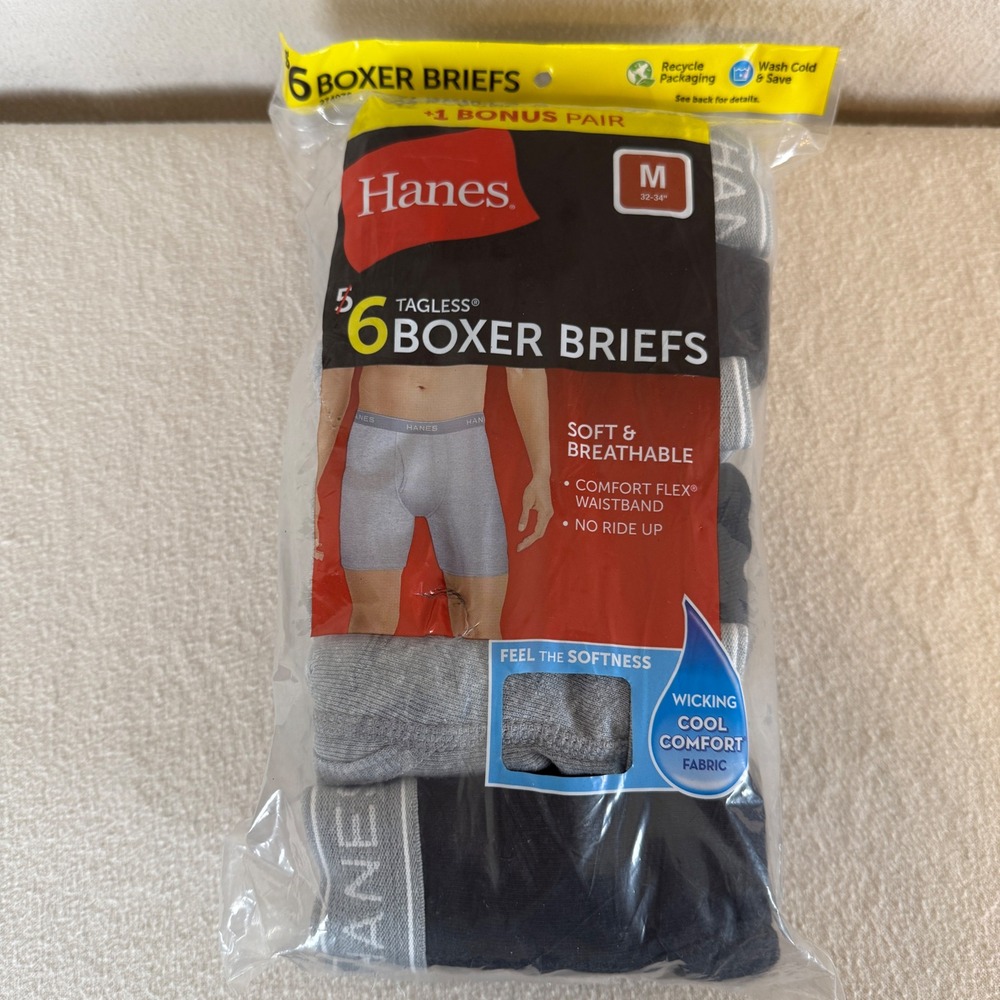 Hanes Mens Tagless Boxer Briefs 6 Pack Medium 32-34 Cool Comfort Flex Grey Black